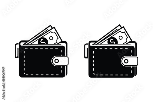 Two black leather wallets with cash protruding, illustration, isolated on white background, symbolizing financial transactions, money management, and savings, with a minimalist design.