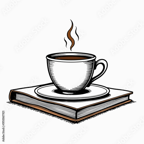 Cozy line art vector sketch of a hot steaming coffee cup resting on a closed book for relaxing reading hobby and morning cafe concepts.