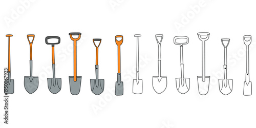 Hand-drawn cartoon and doodle set of shovels and spades on a white background.