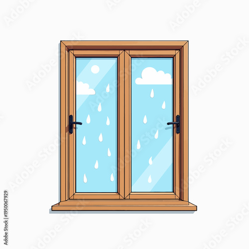 Simple flat vector illustration of a classic closed wooden frame window with blue glasspanes for residential house architecture and interior construction designs.