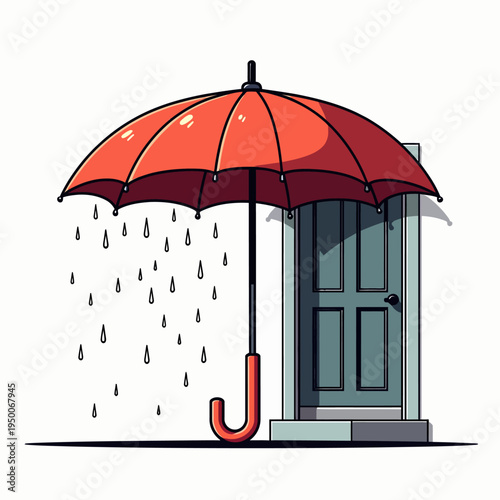 Simple line art vector illustration of an open umbrella protecting against falling raindrops representing bad weather storms and autumn seasonal concepts.