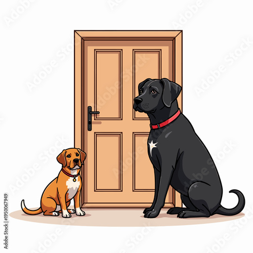 Heartwarming flat vector illustration of a loyal black dog pet sitting patiently and waiting by a closed wooden front door of a house.
