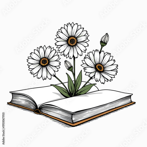 Creative line art vector illustration showing beautiful blooming flowers growing from an open book symbolizing knowledge imagination and natural botanical inspiration.