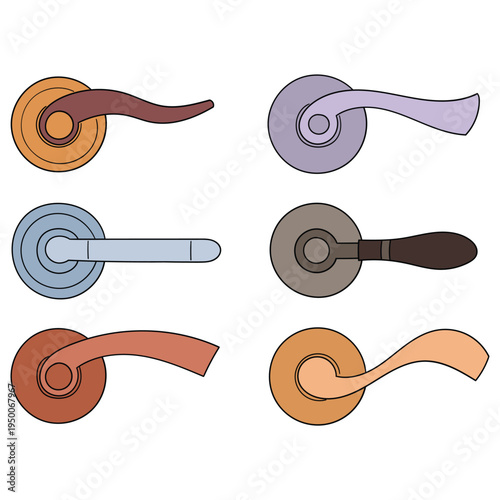 Hand-drawn cartoon set of door handles on a white background.