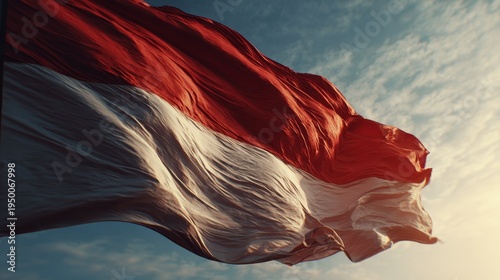 Indonesia national flag, merah putih, waving in the wind against a dramatic sky with golden sunlight, symbolizing patriotism, independence, and national identity