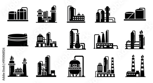Industrial Plant Icons - Chemical and Oil Refinery Silhouettes.