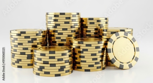 Stacks of golden casino chips with black accents are artfully arranged on a clean, reflective surface, evoking a sense of wealth and chance