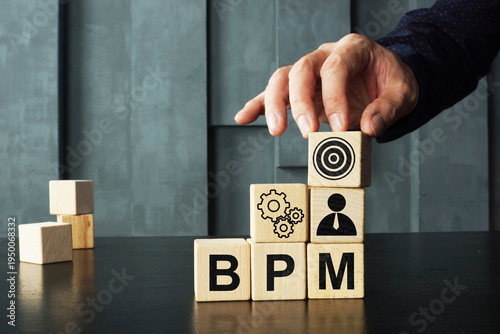 BPM business process management showing workflow optimization, process automation, operational efficiency and continuous improvement of corporate processes using digital business management systems