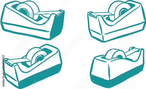 Hand Drawn Tape Dispenser Set Vector Illustration, Office Tape Holder Sketch Collection