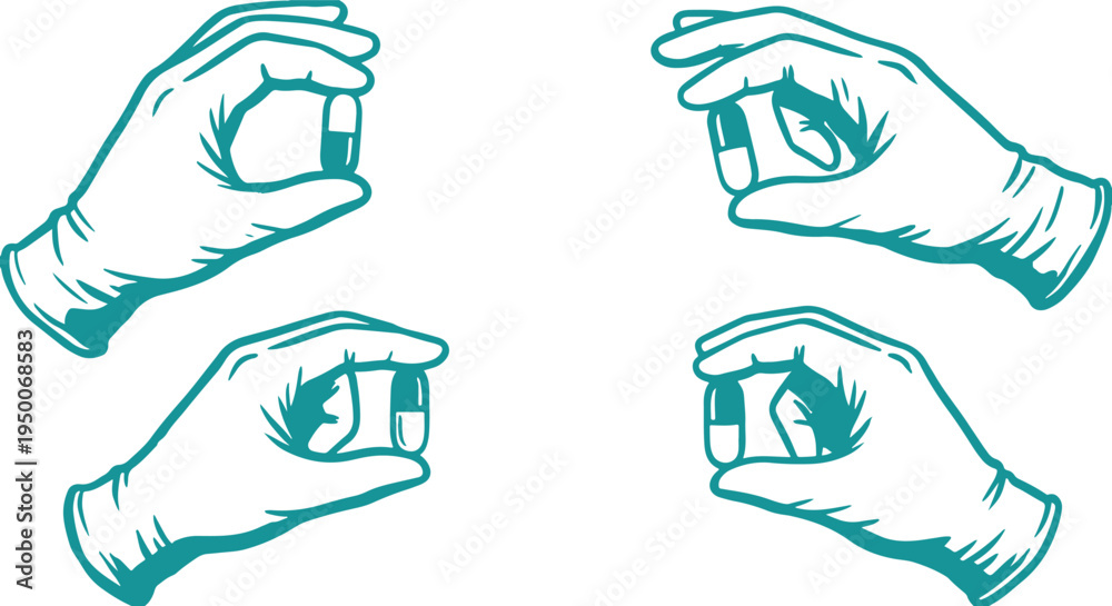 Fototapeta premium Hand Drawn Hand Holding Pill Set Vector Illustration, Medical Capsule Sketch Collection.
