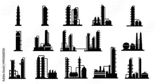 Silhouetted Industrial Plant and Refinery Structures for Energy Production.