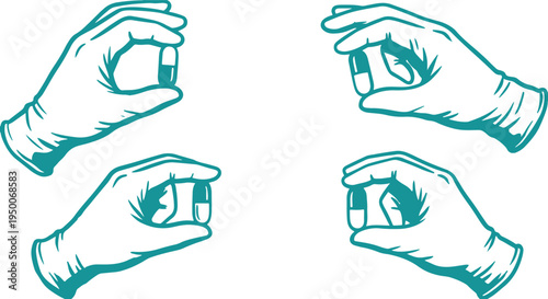 Hand Drawn Hand Holding Pill Set Vector Illustration, Medical Capsule Sketch Collection.