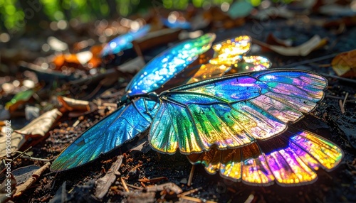 Scattered iridescent beetle wings form a shimmering multi-colored mosaic on forest ground