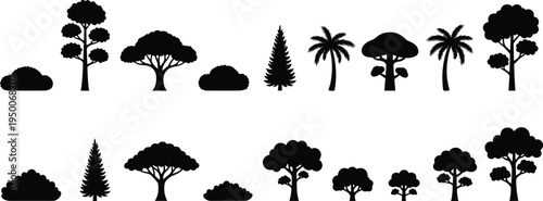 Tree and bush silhouette collection isolated on white background, vector set of forest, pine and palm trees with shrubs for landscape design