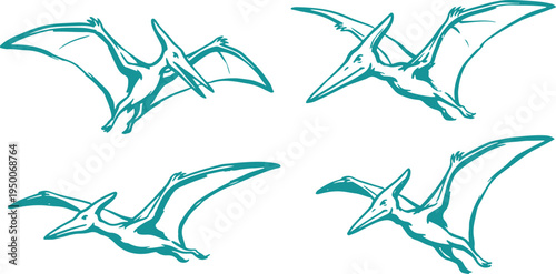 Hand Drawn Pterodactyl Dinosaur Set Vector Illustration, Flying Pterosaur Sketch Collection.