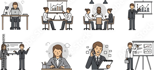Diverse business activities individual work, meetings, presentations, and calls