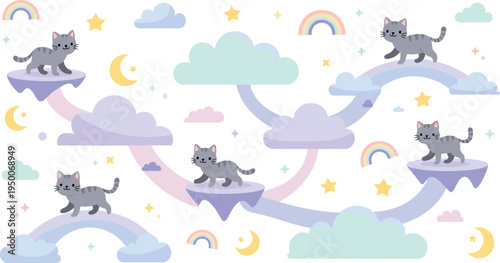 PrintCute cartoon cats walking on pastel rainbow bridges and clouds with stars and moon, playful fantasy sky nursery background, adorable kitten vector illustration