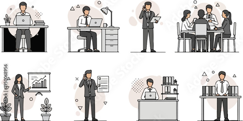 Office scenes with people working at desks, in meetings, and presenting data