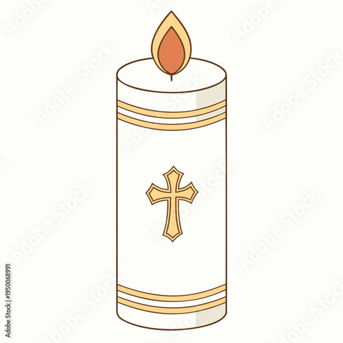 White candle with gold cross and bands, warm flame symbolizing faith, remembrance, and solemnity.