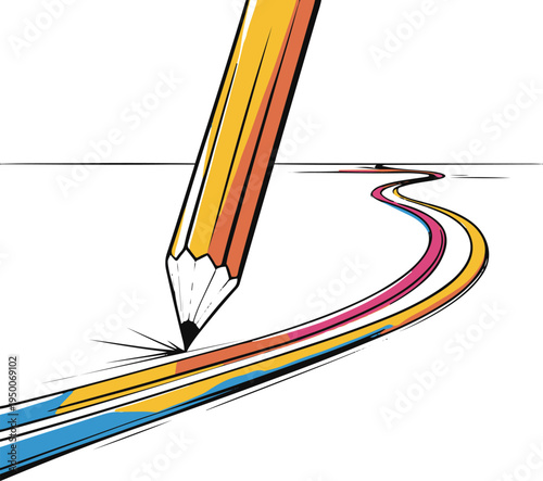 Bold line art illustration of a pencil drawing a winding road into the distance, creativity concept, thick vector lines, colorful minimal design, isolated on white 1