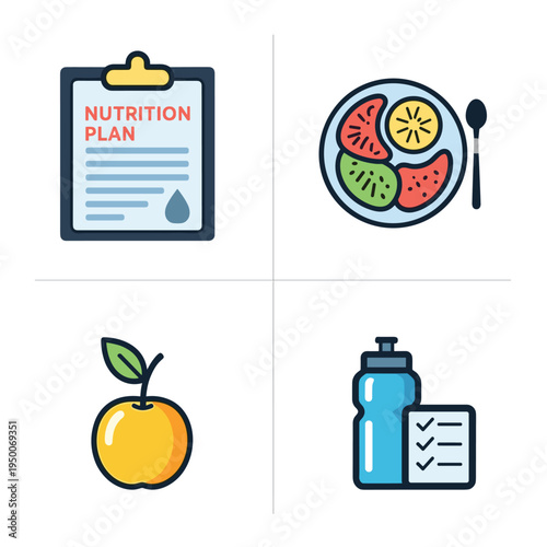 Nutrition Plan and Healthy Eating Icons Set.