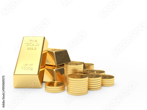 Stack of gold bars and coins isolated on white. 3D illustration.