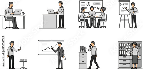 Office scenes people working at desks, in meetings, presenting, and filing