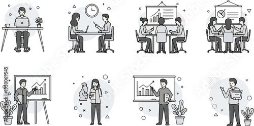 Office scenes depicting collaboration, presentations, and individual work