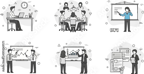 Business team collaborates on projects, analyzes data, and presents findings