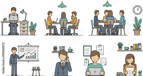 Flat design people working in office environments, various business activities