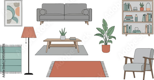 Cozy room interior with sofa, armchair, bookshelf, rugs, lamp, plants, and art