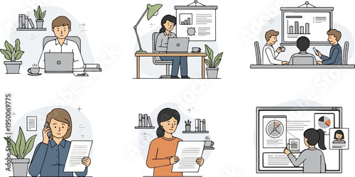 Diverse professionals engaged in office tasks and meetings, illustration