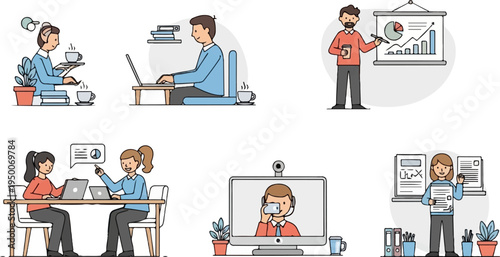 Diverse professionals collaborating, presenting, and working remotely with technology