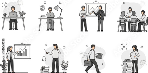 Diverse professionals collaborate and work in office settings