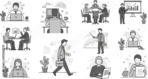 Diverse professionals engage in various business activities, from meetings to individual work