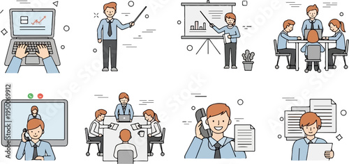 Colleagues collaborate and present data in various business meeting scenarios (1)