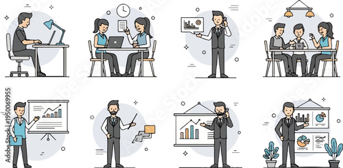 Colleagues collaborate and present data in a modern office setting