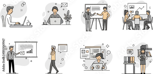 Diverse business scenarios illustrated with simple line art figures