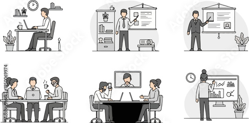 Diverse office scenes individuals working, meetings, and presentations (2)
