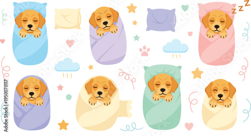 Cute sleeping puppy wrapped in colorful blankets and pillows with stars, clouds and hearts, adorable baby dog bedtime nursery cartoon vector illustration set