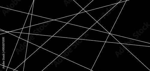 Abstract random white line grid on black background. Chaotic intersecting linear pattern. Minimal monochrome geometric backdrop.