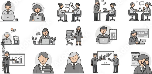 Diverse professionals engaged in various office tasks, presenting a modern workplace aesthetic