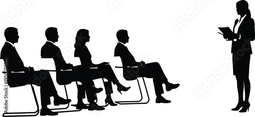 Business meeting silhouettes, corporate presentation figures, office training session, interview panel silhouettes, speaker holding papers, communication illustration, black silhouettes collection