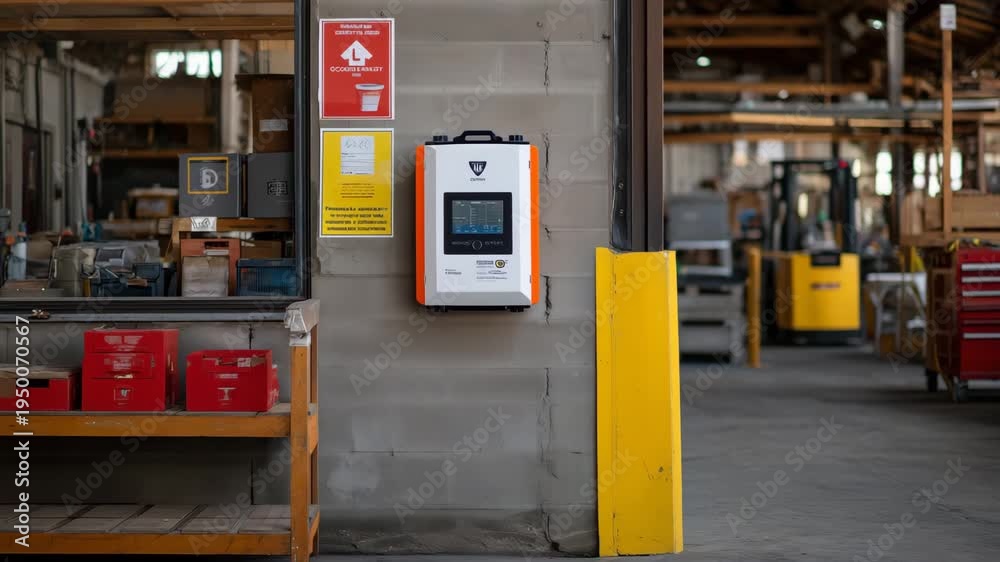 Factory emergency response setup featuring wall-mounted AED, high ...