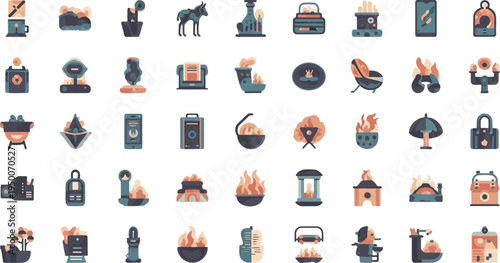 Diverse collection of pixelated icons depicting various objects, fire, and plants