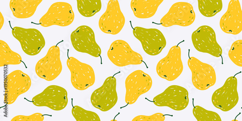 Seamless modern colorful bright horizontal summer pattern with fruits: yellow and green pears on a white background; simple cute vector illustration, hand-drawn with brush strokes in a flat style
