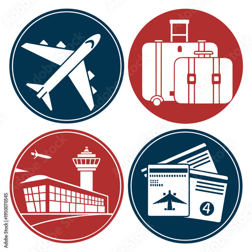 Circular travel icons: airplane, luggage, airport building, and tickets in blue and red circles, business travel, flat design, boarding pass, control tower, air traffic