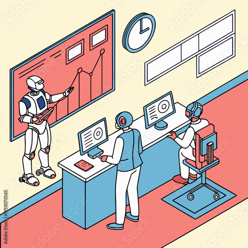 Ai in control room: robot presenting data to human team, technology and analytics illustration, artificial intelligence, digital transformation, smart technology