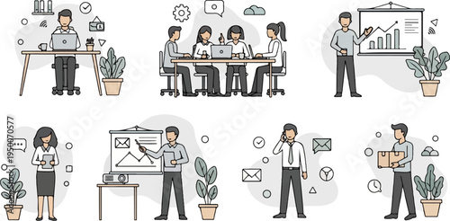 Diverse office team collaborates, presents data, and handles communication for business success