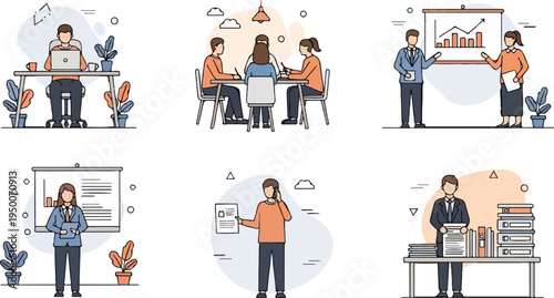 Collection of business-related illustrations showing teamwork and individual tasks